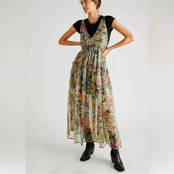 Free People Dresses & Skirts - Free People Julianna Maxi Dress M Floral Chiffon Green Tiered Boho Fairy Whimsy